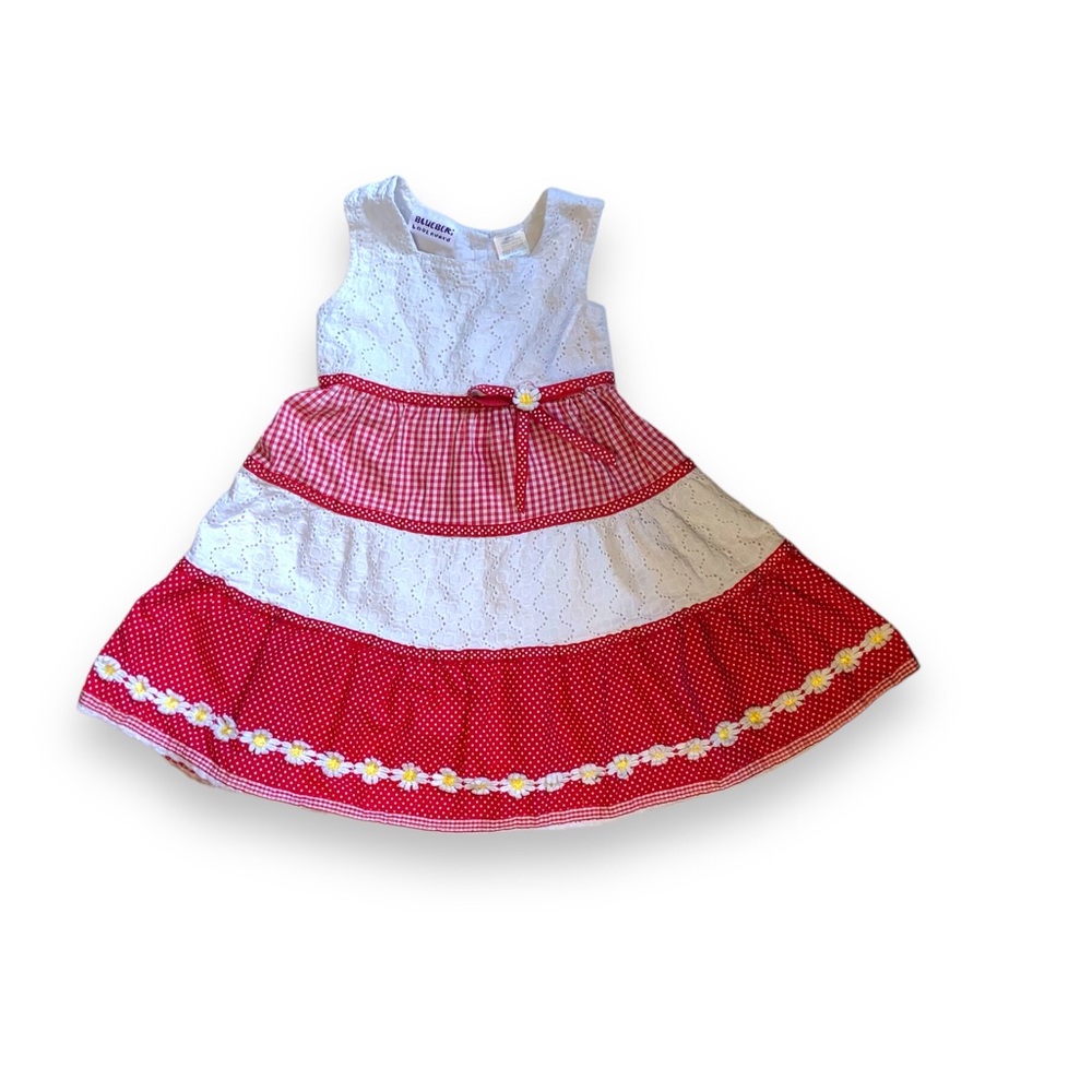 Vintage Blueberi Boulevard White Eyelet Red Gingham Polka Dot Dress Size 4